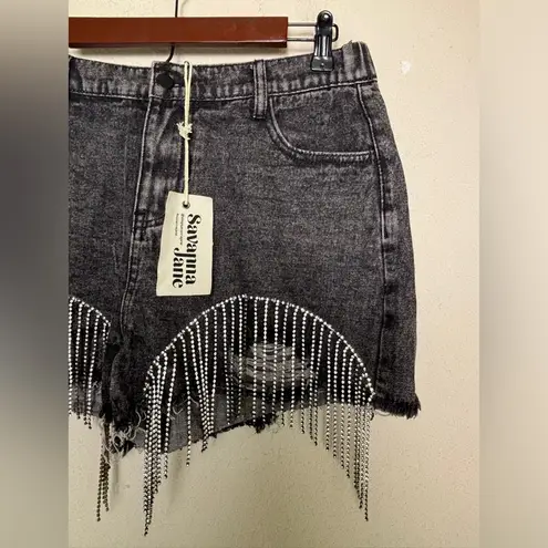 NWT Savanna Jane Black Distressed Denim Rhinestone Fringe High Rise Shorts L Size L