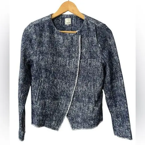 Ecru Women’s Blue Printed Fringe Trim Tweed Jacket Asymmetrical Zip Blazer Small