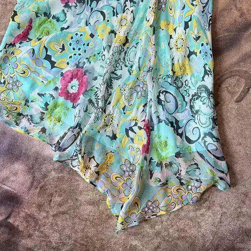 Vintage Aqua Blue Floral Abstract Midi Silk Skirt Size M