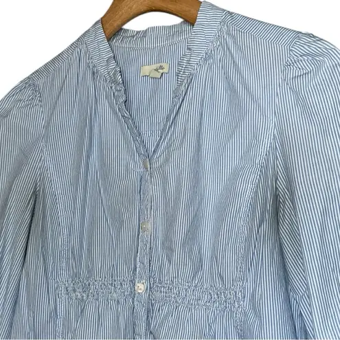 Anthropologie Odille  Sz 2 Blue White Pinstripe Gathered Waist Button Down Shirt