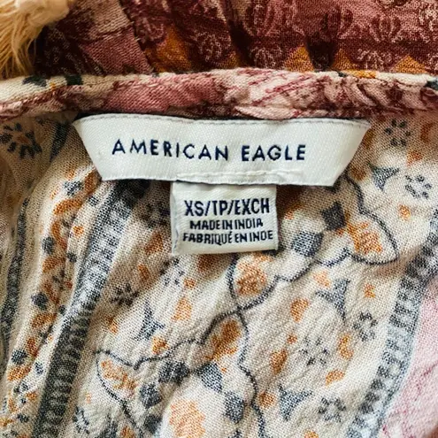 American Eagle Embroidered Balloon Sleeve Tassel Peasant Patchwork Peplum Top XS Pink