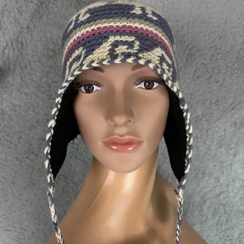 REI Knitted Wool Ear Flap Hat Felt Lined Fair Isle Design One Size