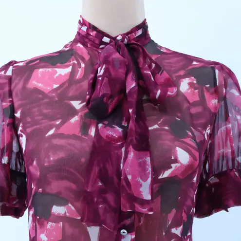 Elie Tahari Abstract Floral Sheer Blouse Top Womens Feminine Bow Artsy Size XS