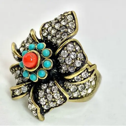 Heidi Daus Ribbon Blossom Flower White Crystal Turquoise and Coral Cab Ring Gold