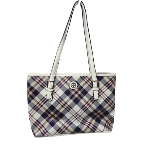 Giani Bernini Blue Double Handle Magnetic Faux Leather Saffiano Plaid Tote Bag