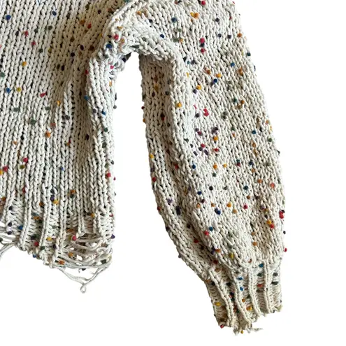 Adora Sweater SZ Med Distressed Rag Multicolor Pom Pom's Oversized Crop Chunky
