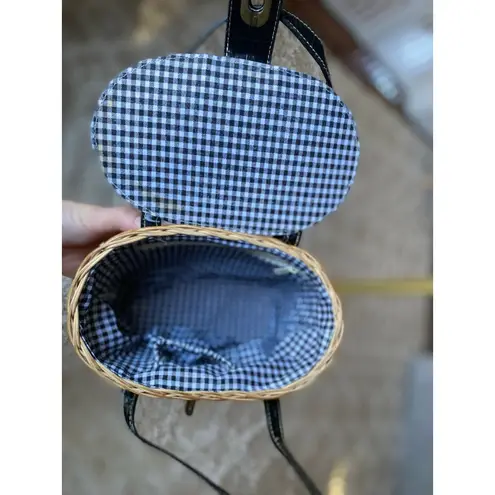 Vintage Wicker Basket Purse with Black Faux Croc Leather Trim & Gingham Lining Brown