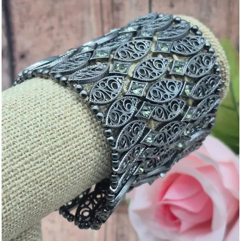 None Wide Stretch Bracelet Black Gun Metal Statement Filigree & Rhinestones One Size