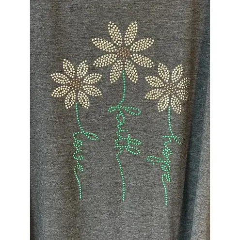SJS Tunic T Shirt Womens 3X Gray Rinestone Flower Love Faith Hope Scoop Neck NWT