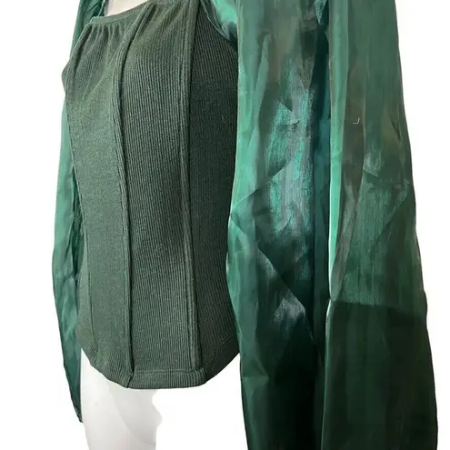 Oddi Oddy Womens Sheer Puff Sleeve Boned Ribbed Green Top Shirt Blouse NWT Size Large