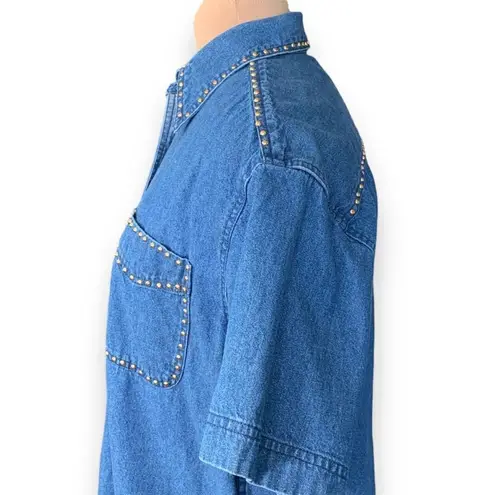 Vintage Sunbelt Denim Shirt Medium Wash Chambray Denim Short Sleeve Gold Stud Blue