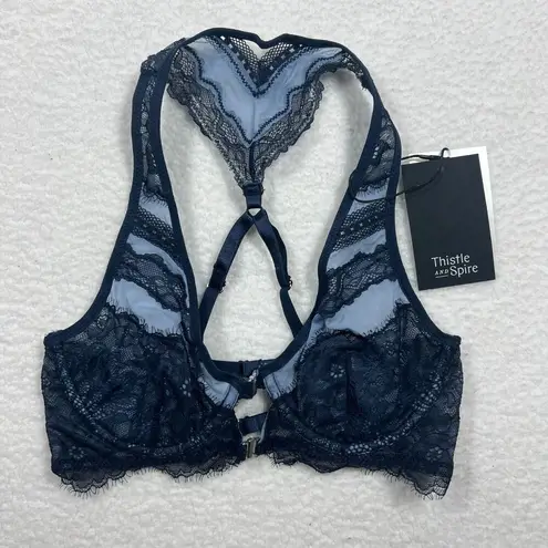 Thistle and Spire Bra Womens 32C Blue Denim Racerback Lace Festival Boudoir Sexy Size 32 C