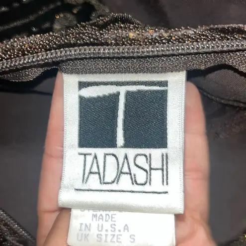 Tadashi Shoji  Vintage Mock Neck Long Sleeve Sheer Velvet Beaded Top Brown XS