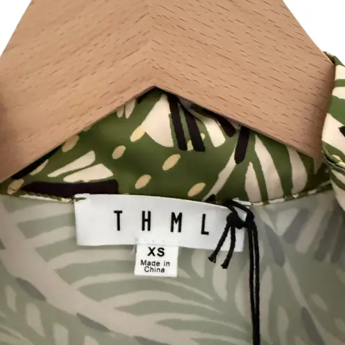 THML NWT Green Palm Print Top Faux Leather Trim Puff Sleeve Blouse Size XS