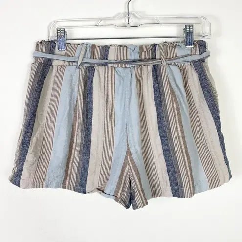 Purple Snow Tan & Blue Striped Paperbag Belted Tie Waist Shorts Size L