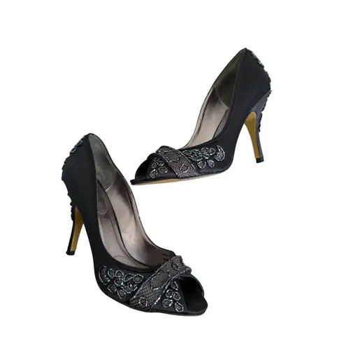 HOUSE OF DEREON Beyonce Black Satin Embroidered Beaded Heels Size 7.5