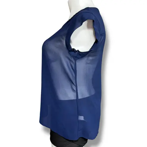 Spense Womens Sheer Blouse Shirt Top Cap Sleeve Round Neck Pullover Blue Large