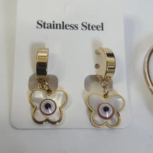 Gold Cuff Bracelet & Huggie Earrings Evil Eye Butterfly Set