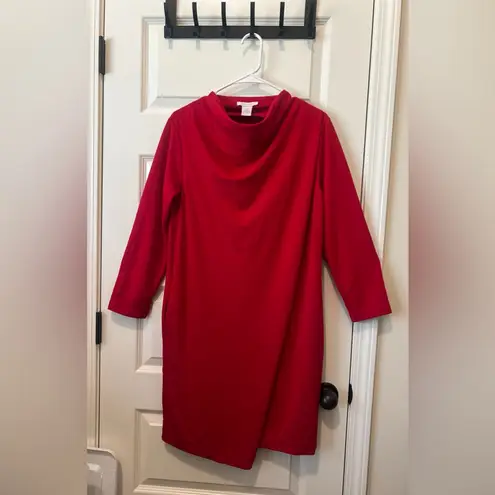 Joan Vass Red long sleeve drape front dress with pockets.