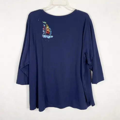 Quacker Factory Plus Size 2X Top Navy Blue Sailboat Beaded Sequins 716