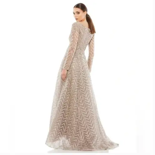 Mac Duggal New! - Embellished Illusion Long Sleeve Taupe A-line Gown
