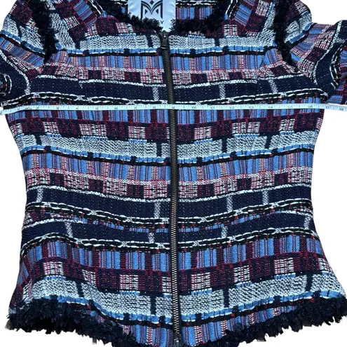 Milly Boucle Fringe Trim Tweed Cropped Jacket Zip Front Size 2