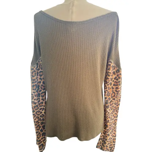 7th Ray Leopard Colorblock VNeck Long Sleeve Brown Top Med Y2K Boho Hippie Retro