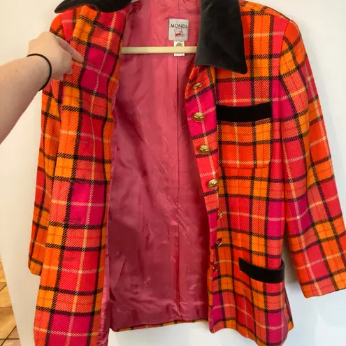 Vintage Mondi Womens M Pink Orange Plaid 100% Wool Power Blazer Preppy Retro Size M