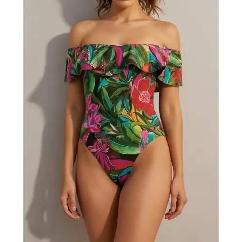 Farm Rio Jardin De Reve Off-Shoulder Ruffle One Piece Swim, Green, Medium