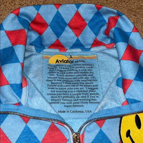 Aviator Nation Diamond Smiley 2 Fleece Half Zip Colorblock Sweatshirt Red Sky S