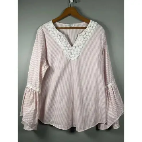 Spence Pink White Striped Top 3/4 Sleeve Floral Lace‎ Embellished Blouse Size L Size L