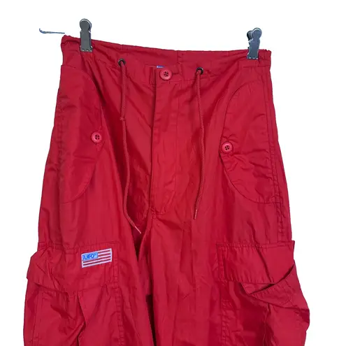 VTG UFO Parachute Cargo Pants Red Drawstring Y2K Rave Festival Baggy XXS 26x25