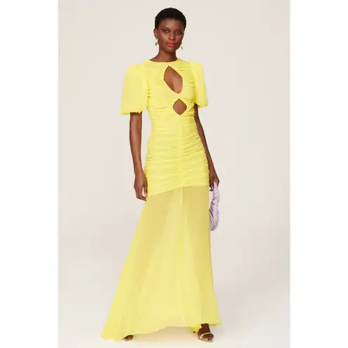 DE LA VALI Yellow Middle Front Cutout Ruching Flowy Sheer Skirt Olympia Gown 14 Size 10