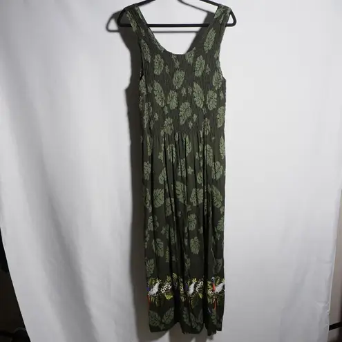 Palm Leaf Print Green Tropical Smocked Midi Maxi Dress Parrots Island Beach XL