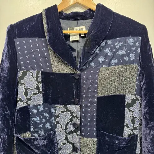 Vintage Y2K 90s Blue Velvet Patchwork Mixed Print Button Front Jacket Size M