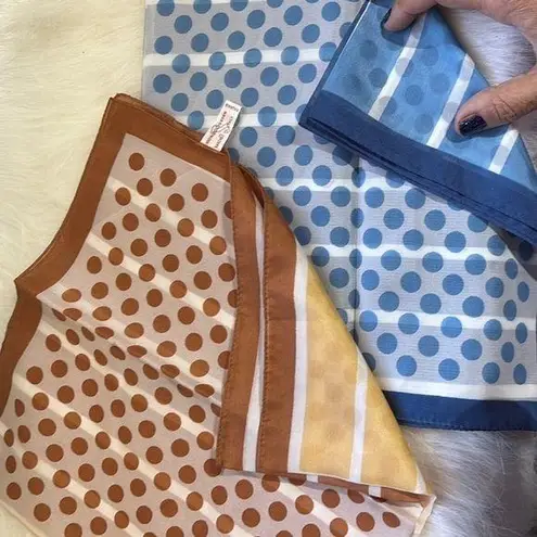 Vintage Italian Polka Dot Scarf Set of 2 Blue Brown Yellow