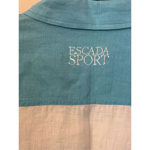 Escada Sport Aqua and White Striped Color Block Linen Button Down Blouse S Blue