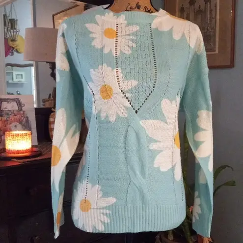 Miss Sparkling Aqua Blue & White Daisy Print Openwork Pull Over Sweater Size M