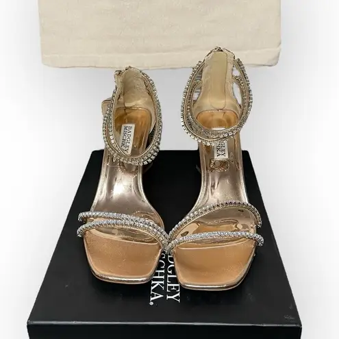 Badgley Mischka NIB Lillie Crystal Dual-Strapped Block Heels in Champagne, 7.5