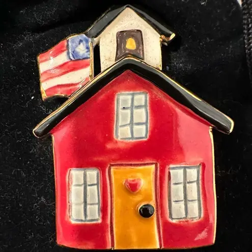 ‘90’s kitschy “old school house” handmade clay pin/brooch with real gold trim Red