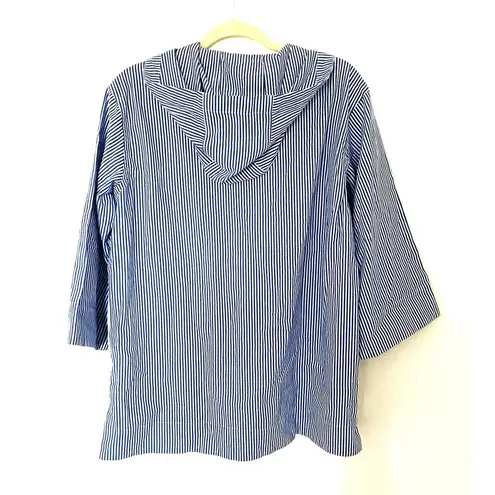 Free Assembly Oversized Striped Lace Up Cotton Hooded Blouse Top Sz S Blue