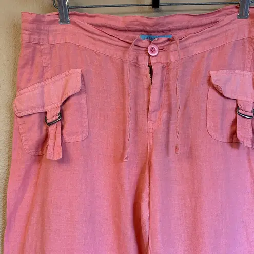 Johnny Was Size MEDIUM Coral Pink Linen Wide Leg Button-Front Pants