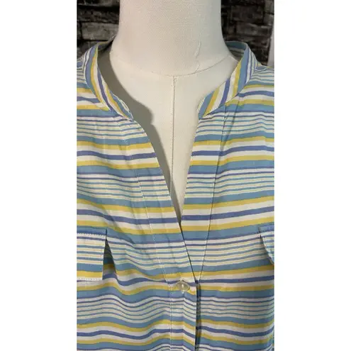 Investments 100% Silk Tunic Top Button Up V-Neck Long Sleeve Blue Stripe Large
