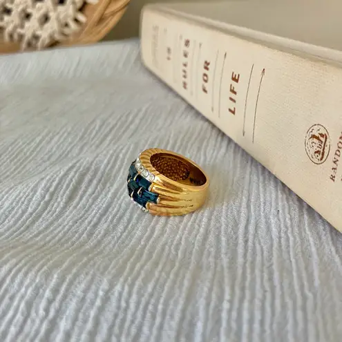 18KGE RSC Blue Glass Statement Ring Covenant Elegant Vintage Sparkly Glam Jewelry