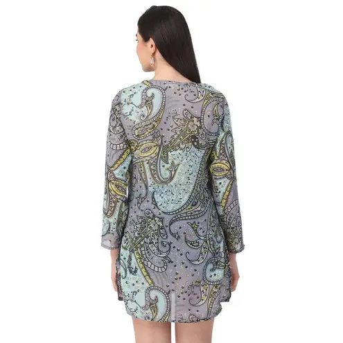 Aditi Wasan Raj 100% Cotton Semi Sheer Paisley Lightweight Tunic Cover Up Blouse Gray