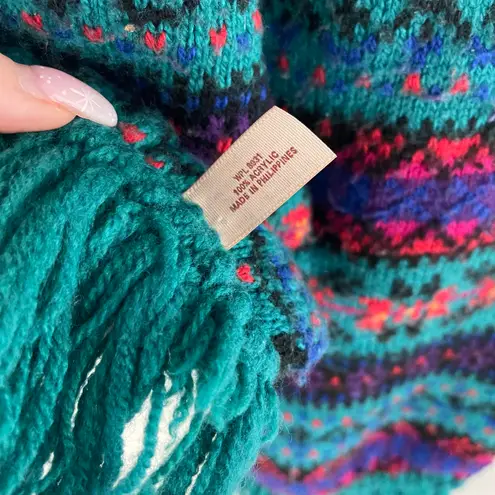 Vintage 80s Green Multicolor Fair Isle Stripe Pattern Fringe Knit Winter Scarf Multiple