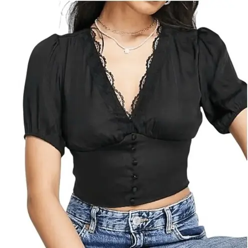 Stradivarius Black Satin Romantic Blouse With Lace Eyelash Trim NWOT Size Medium