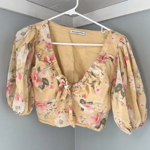 Abercrombie & Fitch Abercrombie Floral Front Tie Yellow Puff Sleeve Crop Top Size S - Image 3