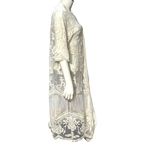 CCC Sheer Ivory Floral Embroidered Long Kimono Cardigan Cover Up Poncho Shawl OS Yellow Size undefined