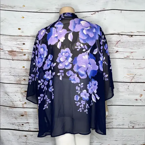 Susan Graver Size 3X Blue & Purple Floral Print Open Front Cardigan Jacket